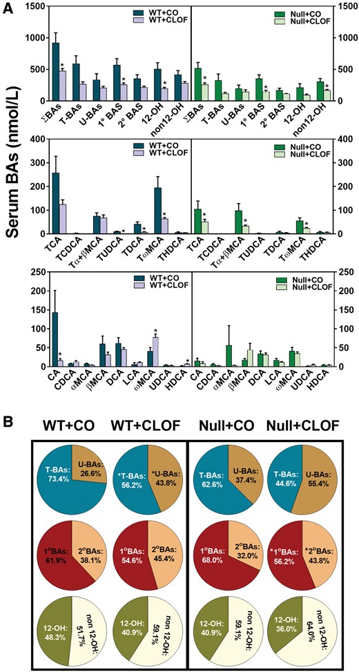 Effect of CLOF on concentrations of BAs in serum of male WT and PPARα-null mice. CO or CLOF (300 mg/kg) was administered daily (i.p.) for 4 consecutive days to male WT and PPARα-null mice (n = 6–8 per treatment group). A, Concentrations of ΣBAs and individual BAs were quantified by UPLC-MS/MS. B, The composition of major BA categories were calculated as the percentage of ΣBAs. Data represent means ± SEM (n > 5 per group). *p < .05 versus vehicle treatment group.