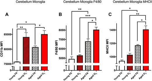 Acute O3 exposure increases primed microglia in the aged cerebellum. The microglia population was further analyzed for CD11b, F4/80, and MHCII expression levels, as measured indicative of their “activation” phenotype, or reactive gliosis. A, Bar graph illustrating the CD11b mean fluorescence intensity (MFI) of microglia in the cerebellum. Age significantly increases this population and acute O3 exposure increases this population in both young and aged cerebellar tissue. B, Bar graph illustrating the F4/80 MFI of the microglia population indicative of reactive gliosis or “priming” of microglia in the cerebellum. Age significantly increases this population, and acute O3 exposure increases this population only in the aged cerebellum. F4/80 expression in the aged cerebellum after acute O3 exposure is significantly higher than in the young cerebellum after exposure. C, Bar graph illustrating the MHCII MFI of the microglia population indicative of reactive gliosis or “priming” of microglia in the cerebellum. Age significantly increases this population, and acute O3 exposure increases this population only in the aged cerebellum. MHCII expression in the aged cerebellum after acute O3 exposure is significantly higher than in the young cerebellum after exposure (n = 3 per group, *p < .05; **p < .01; ***p < .001; ****p < .0001 by 2-way ANOVA; all values represent mean ± SEM).