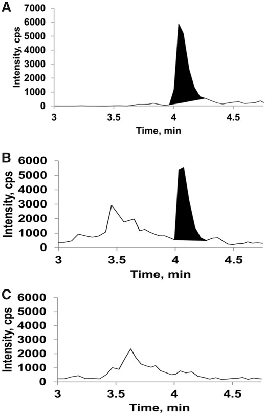 Liquid chromatography-mass spectrometry (LC-MS) detection of 3-methylindole-glutathione (3MI-GSH) conjugates in environmental tobacco smoke (ETS)-exposed mouse lung tissue. Lung tissues as described in the legend of Figure 4 were processed for LC-MS analysis of 3MI-GSH conjugates (3MI-GS-A1/A2 and 3MI-GS-A3) as described in Materials and Methods section. A, A representative chromatogram of a 3MI-GS-A1/A2 standard. B and C, Representative chromatograms from ETS-exposed wildtype (WT) mice (panel B) and Cyp2abfgs-null mice (panel C). Corresponding mass spectra for relevant peaks in (A), (B), and (C) (at approximately 4.1 min) and the structures and predicted fragmentation of 3MI-GS-A1 and 3MI-GS-A2 standards are shown in Supplementary Figure 2. 3MI-GS-A1/A2 was detected in the lungs of WT mice but not Cyp2abfgs-null mice exposed to ETS, or in filtered air (FA)-exposed mice (Supplementary Figure 2). 3MI-GS-A3 was not detected in any sample (data not shown).