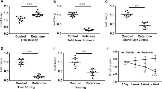 Four-week rotenone exposure (2.5 mg/kg b.wt) induced neurobehavioral alterations in aged rats. Twenty rats of 1 year age were equally divided into 2 groups and 1 group was exposed with rotenone (2.5 mg/kg b.wt) for 4 weeks and second group was exposed with corn oil for 4 weeks. After completion of the exposure, spontaneous locomotor activity (SLA) test was performed to measure locomotor behavior like, (A) time resting, (B) total travel distance, (C) stereotypic counts, (D) time moving, and (E) rearing. F, Average percentage change in total body mass of control and rotenone exposed rats. Values of SLA test were analyzed and presented in the form of fold change. Student’s t test was performed to calculate significance. *p < .05, **p < .01, ***p < .001.