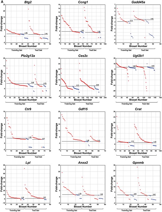 Identification of thresholds for genes in biomarkers from the TG-GATES study. A, Distribution of values across training and test sets derived from the TG-GATES study. Thresholds were determined as detailed in the Materials and Methods section. Each of the biosets was rank ordered by fold-change and divided into liver tumorigenic and nontumorigenic groups and training and test sets. Horizontal lines represent the derived thresholds. The bioset number refers to the rank of the bioset organized by fold-change. B, Box and whisker plots of fold-change values from the nontumorigenic conditions. Left, values from the TG-GATES training set. Right, values from the TG-GATES test set. The 2 values deemed outliers in the training set are circled and were not used to determine the thresholds. C, Behavior of housekeeping genes. There were 4 housekeeping genes examined. The graphs show that these genes do not appreciably exhibit thresholds for tumorigenicity.