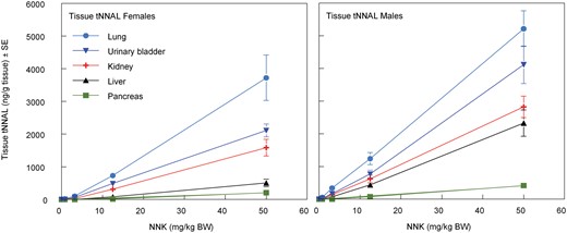 Tissue levels of tNNAL in female and male rats treated with NNK by nose-only inhalation for 14 days. Tissues were collected on day 15 for measurement of tNNK and tNNAL. The target NNK dose levels were 0 mg/kg BW (Vehicle Control), 0.8 mg/kg BW (Low), 3.2 mg/kg BW (Mid), 12.5 mg/kg BW (Mid High), and 50 mg/kg BW (High).