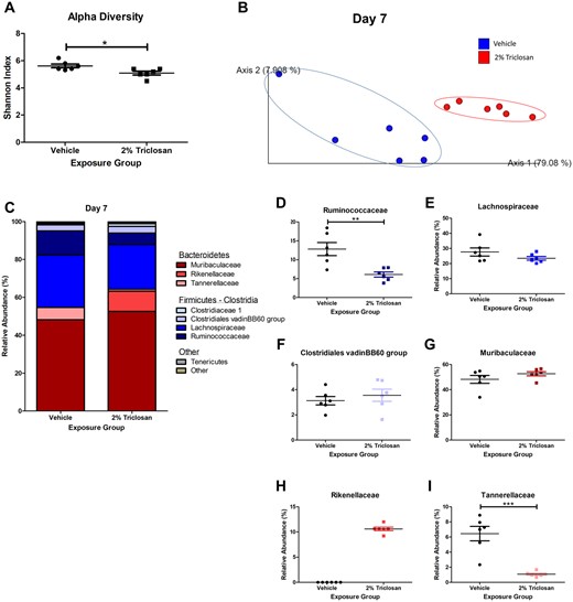 Seven days of dermal exposure to triclosan altered the composition of the gut microbiota in mice. A, Shannon index as a measure of alpha diversity of gut microbiota following 7 days of dermal exposure to vehicle or 2% triclosan. Points represent individual mice and bars represent mean (± SEM) of 6 mice/group. *p < .05 versus vehicle, by unpaired t test. B, Weighted UniFrac as a measure of beta diversity of gut microbiota on day 7 following vehicle or 2% triclosan exposure. Points represent individual mice. C, Relative abundance of taxa on day 7 following vehicle or 2% triclosan exposure. Bars represent mean (± SEM) of 6 mice/group. Relative abundance of Ruminococcaceae (D), Lachnospiraceae (E), Clostridiales vadinBB60 group (F), Muribaculaceae (G), Rikenellaceae (H), and Tannerellaceae (I) following 7 days of dermal exposure to vehicle or 2% triclosan. Points represent individual mice and bars represent mean (± SEM) of 6 mice/group. **p < .01, ***p < .001 versus vehicle, by unpaired t test.