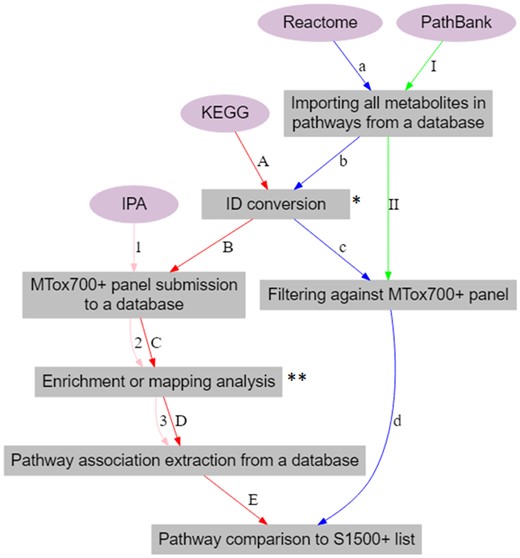 Workflow for connecting metabolites from the MTox700+ panel to molecular pathways. The pathway sources used include IPA (Ingenuity Pathway Analysis, 1–3), KEGG (Kyoto Encyclopedia of Genes and Genomes, A–E), Reactome (a–c), and PathBank (I–II). *Human Metabolome Database (HMDB) IDs were converted to KEGG IDs in KEGG workflow and ChEBI IDs were converted to HMDB IDs in Reactome workflow. **Enrichment analysis was performed in IPA and metabolite mapping was performed in KEGG.