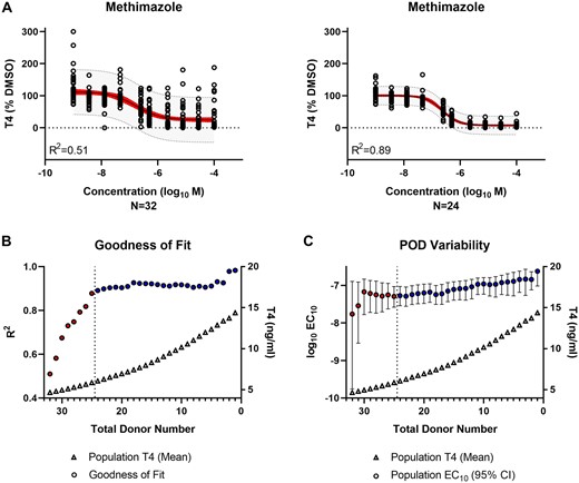 Evaluation of thyroid hormone synthesis inhibition by reference chemical—methimazole. A, Population-level concentration-response modeling of the total (N = 32) versus qualified (N = 24) donor cohort. The values were normalized by donor and plotted in aggregate for data modeling. The red band represents the 95% confidence interval of the model fit. The gray band indicates the 95% prediction interval where 95% of future donors would be expected to exhibit bioactivity. B, The model goodness of fit (circles) is represented by the regression coefficient of determination (R2) for the donor population sub-groups (N = 1–32) containing qualified only (blue) or qualified and nonqualified (red) donors. The T4 concentration (triangles) represent the mean T4 production for each donor subgroup. The vertical dashed line indicates the donor acceptance threshold. C, The variability in the IC10 potency (log10 M) point of departure (POD) (circles) is represented for the donor population subgroups (N = 1–32) containing qualified only (blue) or qualified and nonqualified (red) donors. The median (circles) and 95% confidence interval range (error bars) are shown. The T4 concentration (triangles) represents the mean T4 production for each donor subgroup. The vertical dashed line indicates the donor acceptance threshold.