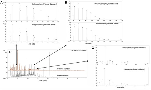 Spectra of standard calibration of 12 known polymers, compared with spectra of solids derived from placenta sample following KOH-digestion and ultracentrifugation Representative mass spectra are show for both samples are then shown for (A) polypropylene (retention time = 4.5 min), (B) polyethylene (retention time = 13.2 min), and (C) polystyrene (retention time = 14.5 min). Lower left image (D) demonstrates the overlapping peaks from the pyrolysis system of the polymer standards and the pellet derived from placental samples.