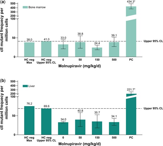 Big Blue® Transgenic Rat Gene Mutation Assay in somatic cells after 28-d treatment with molnupiravir. Mutation frequency in bone marrow (a) and mutation frequency in liver cells (b). The dotted line represents the upper 95% CL of the historical vehicle control study mean distribution. Positive control: ENU 20 mg/kg administered on 6 nonconsecutive days (ENU); *P ≤ 0.05. CL, confidence limit; ENU, N-Nitroso-N-ethylurea; HC, historical control; PC, positive control.
