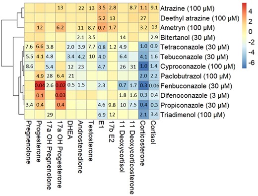 Clustered heatmap showing the effects of compounds affecting the levels of one or more steroid hormones in H295R media after 48 h, using Pearson’s correlation. The color shows the 2log transformed fold change at the highest, noncytotoxic exposure concentration (shown in parentheses) indicating a decreased (blue) or increased (red) hormone secretion by H295R cells. Values in the cells represent the ECIR1.5 value in μM indicating the exposure concentration at which the steroid levels change 0.667- or 1.5-fold compared with vehicle-treated controls. DHEA, dehydroepiandrosterone; E1, estrone; E2, estradiol.