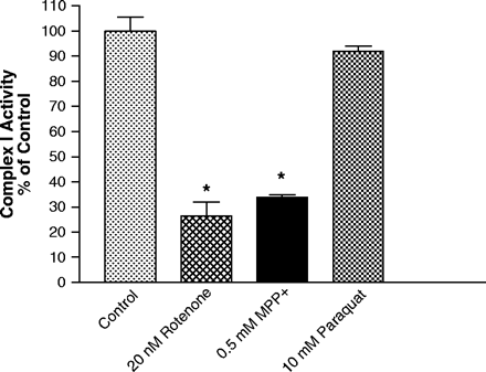 Rotenone and MPP+, but not paraquat, inhibit complex I activity. Inhibition of NADH:quinone reductase (complex I) activity by rotenone, MPP+, and paraquat in freshly isolated mitochondria. Results represent mean ± SEM (n = 3–4). *Indicates significantly from control (p ≤ 0.05) by ANOVA followed by Student-Newman Keuls test.