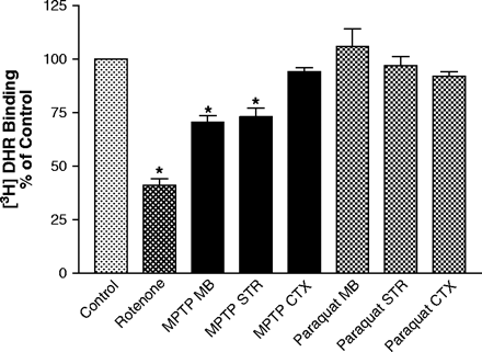 In vivo exposure to rotenone and MPTP, but not paraquat, reduces 3H-DHR binding. Rats were exposed to vehicle (DMSO:PEG; n = 5) or 3 mg/kg rotenone (n = 7), and mice to vehicle (saline; n = 4–5) or 10 mg/kg paraquat (n = 4) or 15 mg/kg MPTP (n = 5) as described in the materials and methods. Animals were sacrificed 1 day after the last exposure, and mitochondria were isolated from whole brain for rotenone treated animals, the striatum (STR), midbrain (MB), and cortex (CTX) for MPTP-treated animals, and STR, CTX, and MB for paraquat-treated animals and assayed for 3H-DHR binding. Results represent mean ± SEM. *Indicates significantly different from control (DMSO:PEG for rotenone and saline for MPTP and paraquat) for each tissue and treatment group (p ≤ 0.05) by ANOVA followed by Student-Newman Keuls test. A control bar without SEM representing 100% of control activity is included for illustrative purposes.