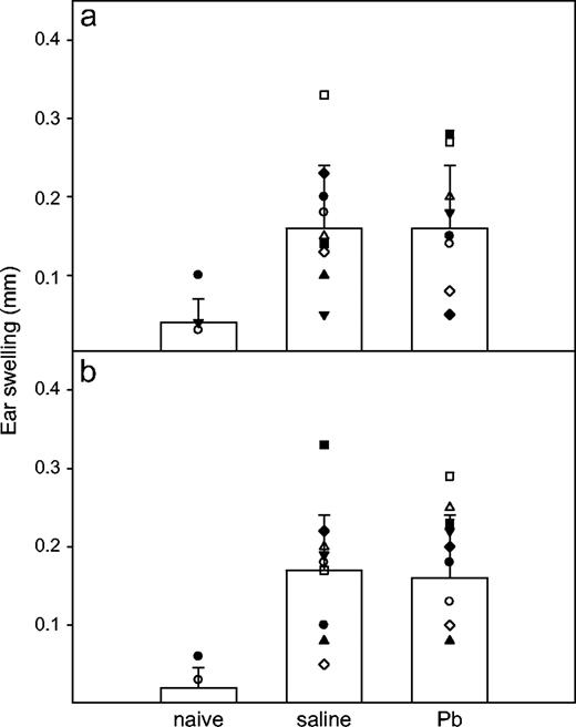 Effects of Pb treatment on DNFB CHS responses. Groups of WT (a) and IFNγ−/− (b) BALB/c mice received the same Pb or saline treatment, as described, but they had no KLH immunization. DNFB sensitization and elicitation were performed as described in Materials and Methods. CHS of naïve WT (n = 5) and KO (n = 5) mice served for baseline ear swelling. Results for Pb-exposed (n = 12) and control (n = 12) WT mice and Pb-exposed (n = 15) and control (n = 13) IFNγ−/− mice are shown. Symbols within each bar graph represent individual mouse values from two separate experiments. Data are presented as mean ± SD.