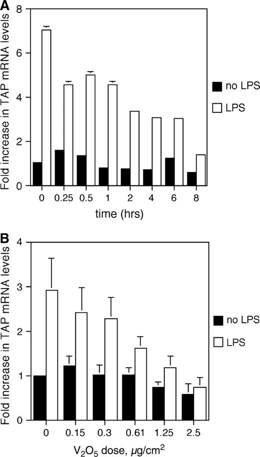 TAP gene expression in response to vanadium. (A) Time course: BTE cells were treated with 5.0 mg/cm2 of V2O5 increasing periods of time and then stimulated with or without LPS for 18 h. Total RNA was extracted from harvested BTE cells and analyzed by semi-quantitative RT-PCR for TAP and normalized to GAPDH. (B) Dose response: BTE cells were treated with increasing doses of V2O5 at molar equivalents of those found in ROFA for 6 h and then stimulated with or without LPS (100 ng/ml) for 18 h. Error bars represent ± SEM. Samples are significant for the interaction between V2O5 dose and LPS stimulus (ANCOVA, p ≤ 0.01), indicating an increased inhibition of TAP gene expression with increasing doses of V2O5 only in the presence of LPS.