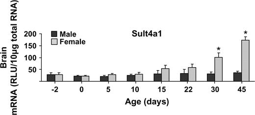 Ontogeny of Sult4a1 in brain of male and female mice. Total RNA was isolated from livers of − 2-, 0-, 5-, 10-, 22-, 30-, and 45-day-old mice and analyzed by bDNA signal amplification assay for mRNA expression. The data are presented as mean RLU ± SEM (n = 5). Asterisk represents a statistically significant difference (p ≤ 0.05) between males and females.