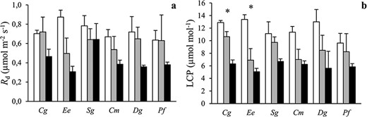 The (a) leaf dark respiration (Rd) and (b) photosynthetic light compensation point (LCP) of six tropical tree species grown in open (white), sparse canopy (gray) and dense canopy (black) plots. Species to the left (Cg, Ee, Sg) are shade tolerant and species to the right (Cm, Dg, Pf) shade-intolerant. The error bars represent standard errors (n = 3). The symbol * indicates significant variation among radiation regimes within a species. Species: Carapa grandiflora (Cg), Entandrophragma excelsum (Ee), Syzygium guineense (Sg), Croton megalocarpus (Cm), Dombeya goetzenii (Dg) and Polyscias fulva (Pf).