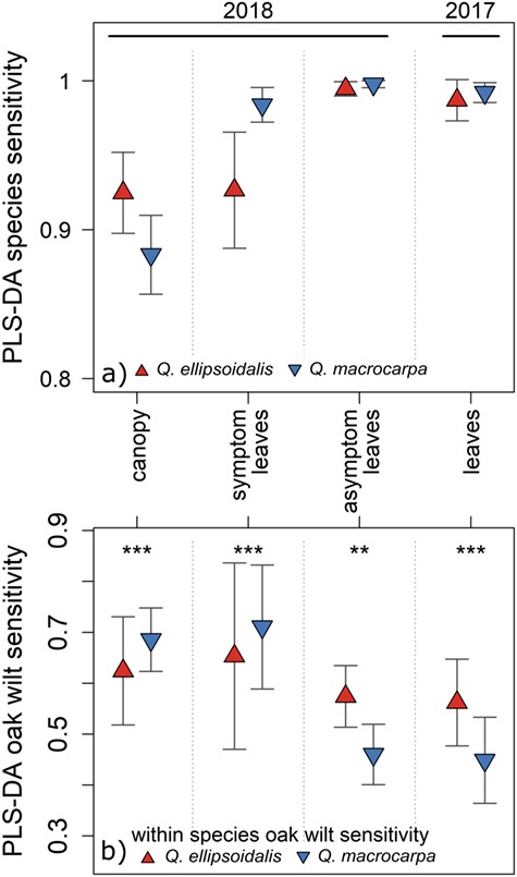 PLS-DA models classify species with very high sensitivity and within species PLS-DA model performance depends upon tissue type. (a) PLS-DA model classification of each species. (b) PLS-DA oak wilt sensitivity in species data subsets. Asterisks denote significant differences in oak wilt sensitivities between species-specific models (**P < 0.01 and ***P < 0.001). Error bars are one standard of deviation from 100 iterative PLS-DA model fits.