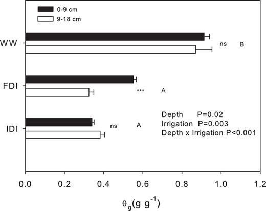 Gravimetric soil water content (θ) (mean ± SE) in the upper (grey bars) and bottom (black bars) 9 cm of the soil column for the three irrigation treatments. Different letters denote statistical differences between treatments (Tukey, P < 0.05). Asterisks denote statistical differences between depths within a treatment (P < 0.001). ns, non-significant differences (P > 0.05). P-values for depth, treatment and their interaction are reported following repeated measures ANOVA.