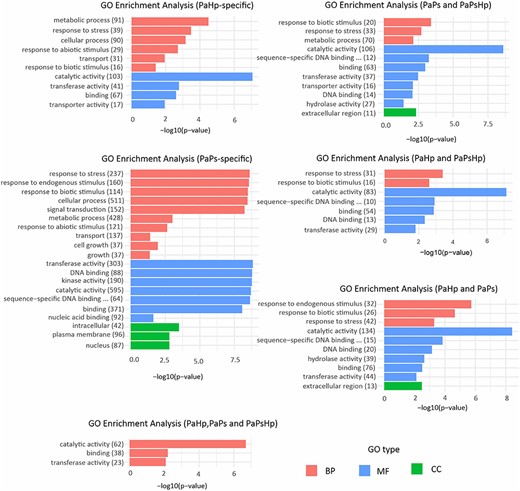 GO enrichment analysis of six groups of DEGs in seedlings during fungal infection. Two groups were condition-specific transcriptomes, including PaHp-specific genes which uniquely induced or repressed in PaHp, PaPs-specific genes only induced or repressed in PaPs, but without PaPsHp-specific genes due to the limited number of DEGs. Three groups were co-expression transcriptomes in PaPs and PaPsHp, PaHp and PaPsHp, PaHp and PaPs. One group was the common transcriptome in all three conditions (PaHp, PaPs and PaPsHp).