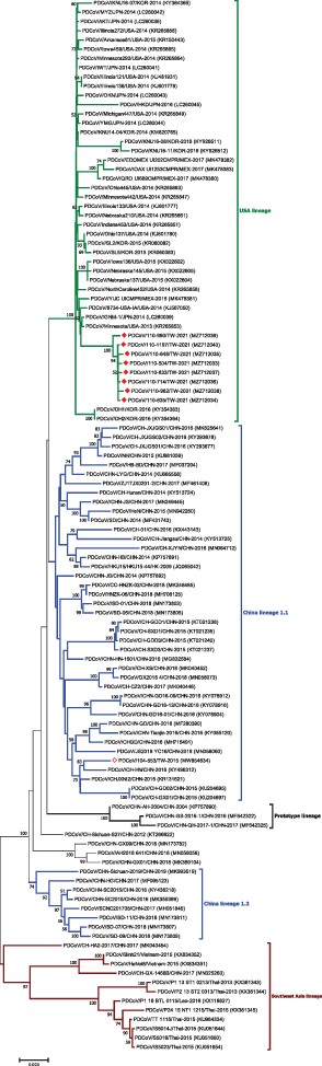 Phylogenetic analysis based on the full-length spike gene sequences of PDCoV strains. Circular phylogenetic trees were constructed by the NJ method, using the Kimura 2-parameter (K2P) model. The red solid diamond represents the PDCoV strain in 2021; the hollow solid diamond indicates the Taiwanese historical strain in 2015. The scale bar shows nucleotide substitutions per site.