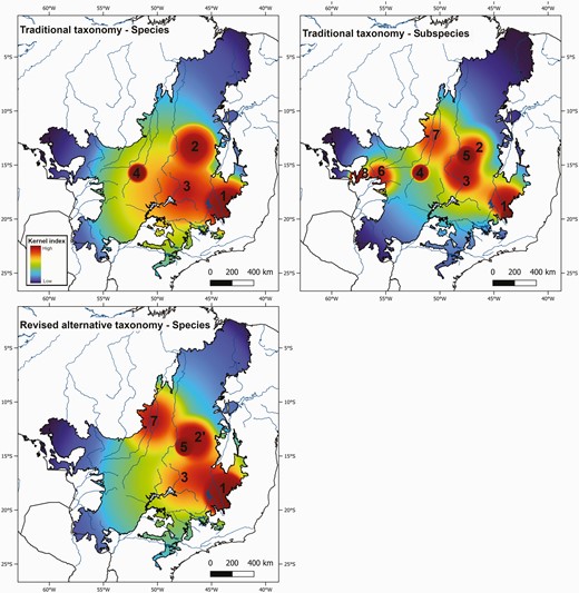 Areas of endemism for birds detected in the Cerrado by adopting a geographical interpolation of endemism approach. Note that some of these areas are delimited by only one species and, therefore, cannot be considered an area of endemism as defined in this study. The areas detected were as follows: 1, Southern Espinhaço; 2, Paranã Valley; 2ʹ, Bambuí Karst; 3, Central Brazilian Plateau; 4, Upper Araguaia; 5, Veadeiros Plateau; 6, Mato Grosso; 7, Araguaia Floodplains; and 8, Cáceres.