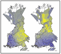 Dialect Dictionary, principal components 2 and 3. The first principal component (not shown) captures the sampling rate (Hyvönen et al., 2007). The second component captures east-west variation, with the western influence shown as the blue and the eastern influence the yellow end of the colour scale. Similarly, the third component shows the north-south variation as the most significant direction after the east-west variation has been removed.