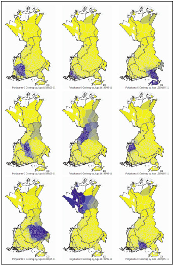 Nine distinct dialects as extracted by aspect Bernoulli from the Dialect Atlas data.