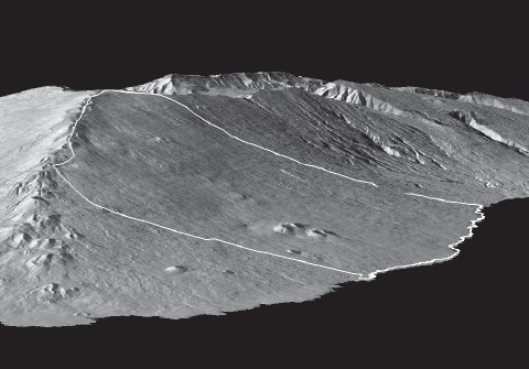  Digital elevation view of southeast Maui with the district of Kahikinui outlined in white. The prominent cinder cones in Kahikinui are the Luala‘ilua Hills. The great crater of Haleakalā and Kaupō Gap can be seen beyond Kahikinui.