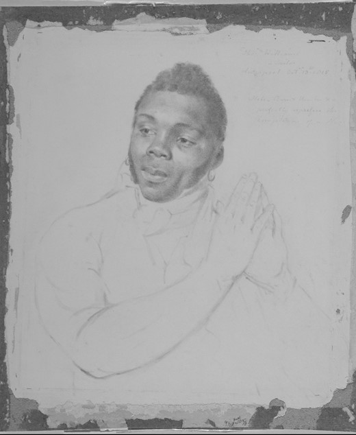  Popular British portraitist John Downman (1750–1824) began this black chalk sketch, Thomas Williams, a Sailor (1815), in Liverpool. Williams’s raised hands suggest the supplicating slave posture common in antislavery depictions.