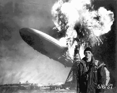 The joke-within-the-joke in this image of Tourist Guy at the crash of the Hindenburg in Lakehurst, New Jersey, in 1937, as with the Kennedy motorcade image, is the faux-digital date in the right-hand corner.