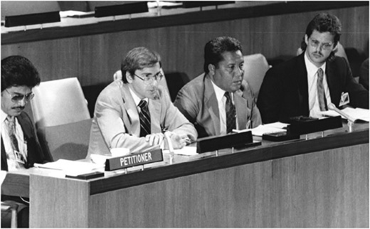  Senator Henchi Balos, legal counsel Jonathan Weisgall, Mayor Tomaki Juda, and liaison Jack Niedenthal testifying at the UN in 1988.