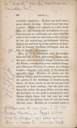 Herman Melville heavily annotated his personal copy of Emerson’s “Poet” in Essays; Second Series, but not always with words of approval. He feigns shock at the top of the page: “ ‘Defects’ signify ‘exuberances.’—My Dear Sir!” and at the bottom he asks in exasperation, “What does the man mean?”
