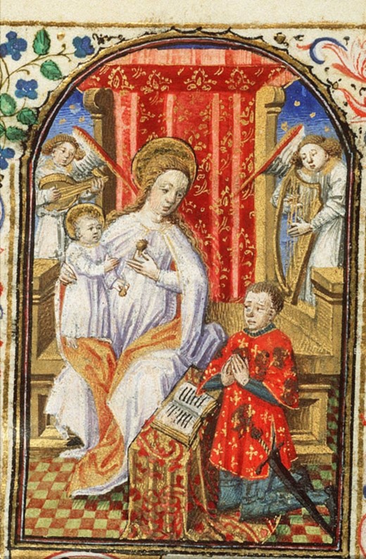 Book of Hours of Simon de Varie. Mary enthroned, holding the Christ-child, with Simon de Varie kneeling before her. Anon., 1455. Royal Library, The Hague.