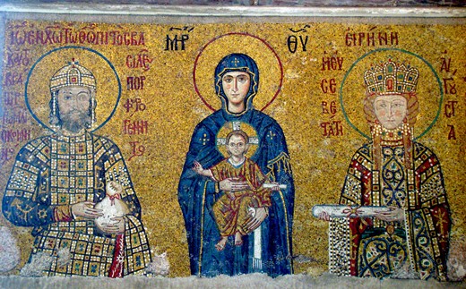 The Virgin Mary with the infant Jesus between Emperor John Comnenus II (1118–1143) and Empress Irene. First half of the twelfth cent. Hagia Sophia. Istanbul, Turkey.
