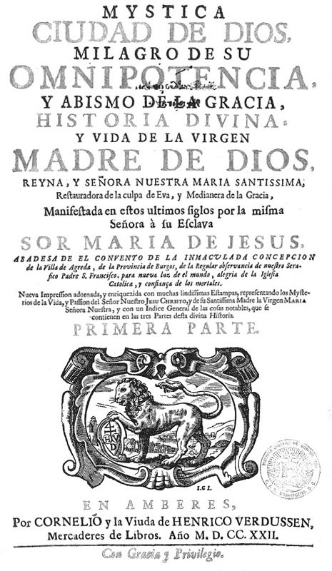 Mystical City of God, Sor María de Agreda. Title page. Antwerp, 1722.