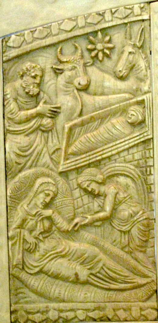 Salome and the Mother of God. Ivory panel, Throne of Maximian, Ravenna, sixth cent.
