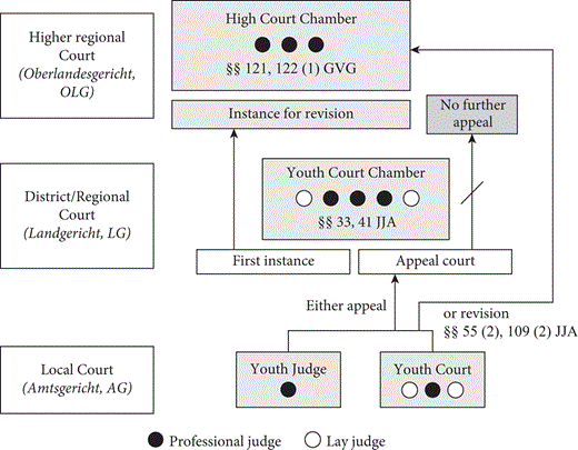 A flowchart displaying the German court system hierarchy involving local, district, and higher regional courts. Symbols denote professional and lay judges. The High Court Chamber allowing revision, while Youth Court Chamber showing appeals process