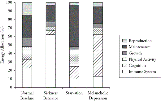 Hypothetical energy allocation during sickness, starvation, and depression, relative to normal baseline.