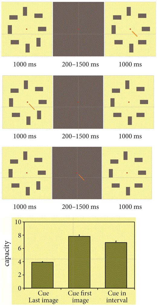 The paradigm of the Amsterdam group led by Victor Lamme. A circular array of eight rectangles is presented for 1 second. There is a blank period of up to 1.5 seconds, followed by a second array of eight rectangles. The second array may or may not contain a rectangle at a different orientation from the first array. One rectangle is cued by a line either in the last array, in the first array, or in the blank period in the middle. There is a free pdf on the Oxford University Press web site that has the color version of this and all the other figures. Thanks to Victor Lamme for this figure.