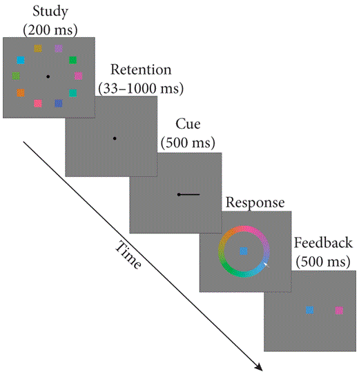 In Pratte’s experiment, subjects were presented with 10 colored squares, then just a fixation point for a period between 33 ms and 1 second, then a cue indicating one of the 10 locations. They were tasked with identifying the color at that location by moving a cursor to the appropriate part of a color circle. Then they got feedback, showing what they had picked and what the correct color was. There is a free pdf on the Oxford University Press that has the color version of this and all the other figures. Thanks to Michael Pratte for this figure.