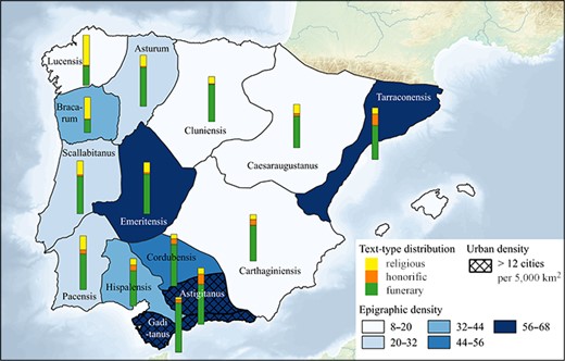 Geographical distribution of the epigraphic density and text types per conventus, indicating the conventus with the highest urban density.